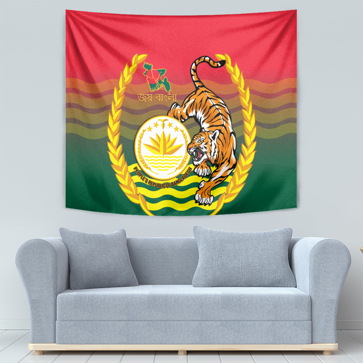 Bangladesh Independence Day Tapestry Royal Bengal Tiger With Coat Of Arms - Wonder Print Shop