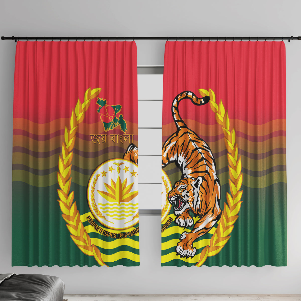 Bangladesh Independence Day Window Curtain Royal Bengal Tiger With Coat Of Arms - Wonder Print Shop