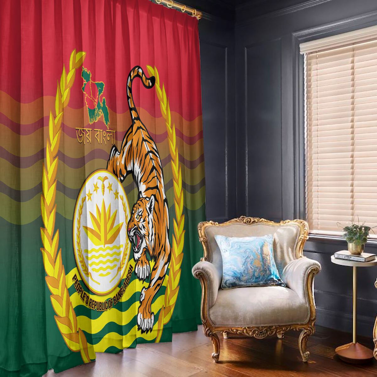 Bangladesh Independence Day Window Curtain Royal Bengal Tiger With Coat Of Arms - Wonder Print Shop