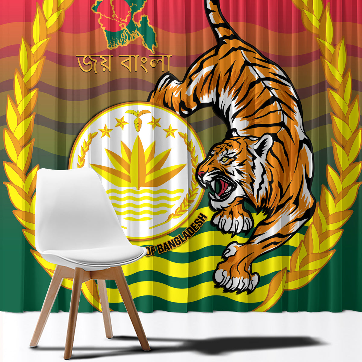 Bangladesh Independence Day Window Curtain Royal Bengal Tiger With Coat Of Arms - Wonder Print Shop
