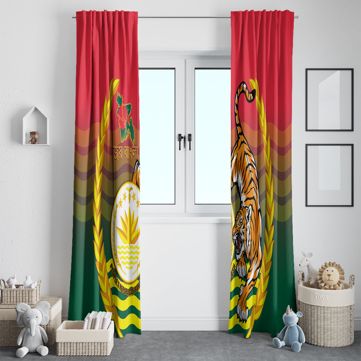 Bangladesh Independence Day Window Curtain Royal Bengal Tiger With Coat Of Arms - Wonder Print Shop