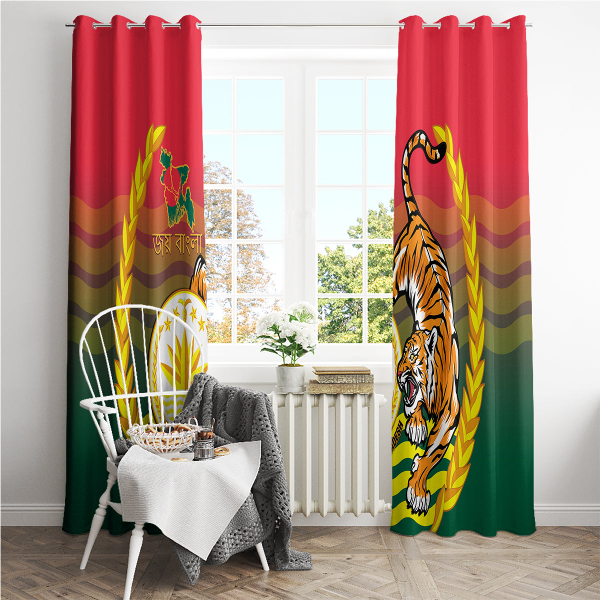 Bangladesh Independence Day Window Curtain Royal Bengal Tiger With Coat Of Arms - Wonder Print Shop