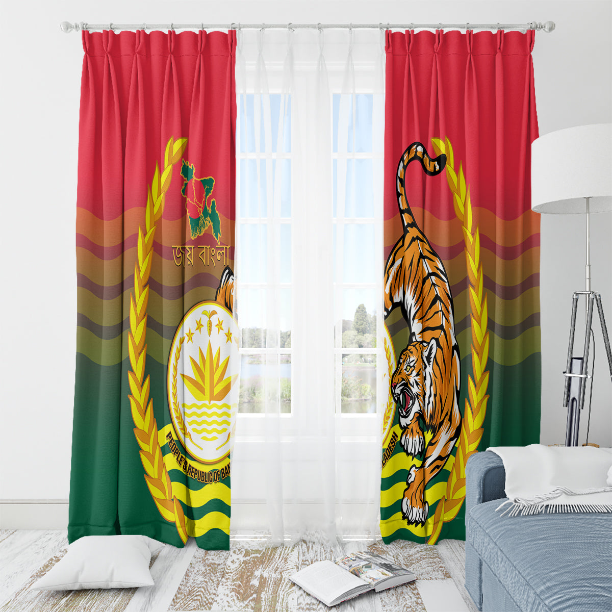 Bangladesh Independence Day Window Curtain Royal Bengal Tiger With Coat Of Arms - Wonder Print Shop