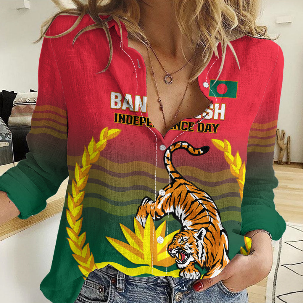 Bangladesh Independence Day Women Casual Shirt Royal Bengal Tiger With Coat Of Arms - Wonder Print Shop