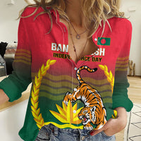 Bangladesh Independence Day Women Casual Shirt Royal Bengal Tiger With Coat Of Arms - Wonder Print Shop