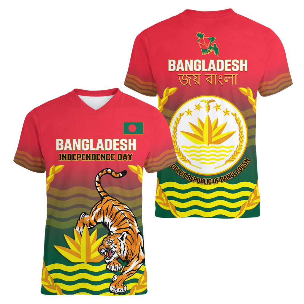 Bangladesh Independence Day Women V Neck T Shirt Royal Bengal Tiger With Coat Of Arms - Wonder Print Shop