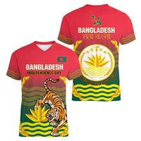 Bangladesh Independence Day Women V Neck T Shirt Royal Bengal Tiger With Coat Of Arms - Wonder Print Shop