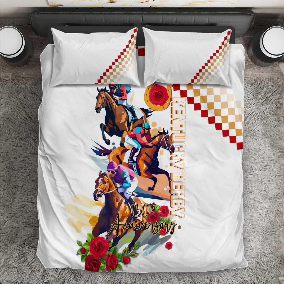 Kentucky Horse Racing Bedding Set 2024 Happy 150th Anniversary With Roses