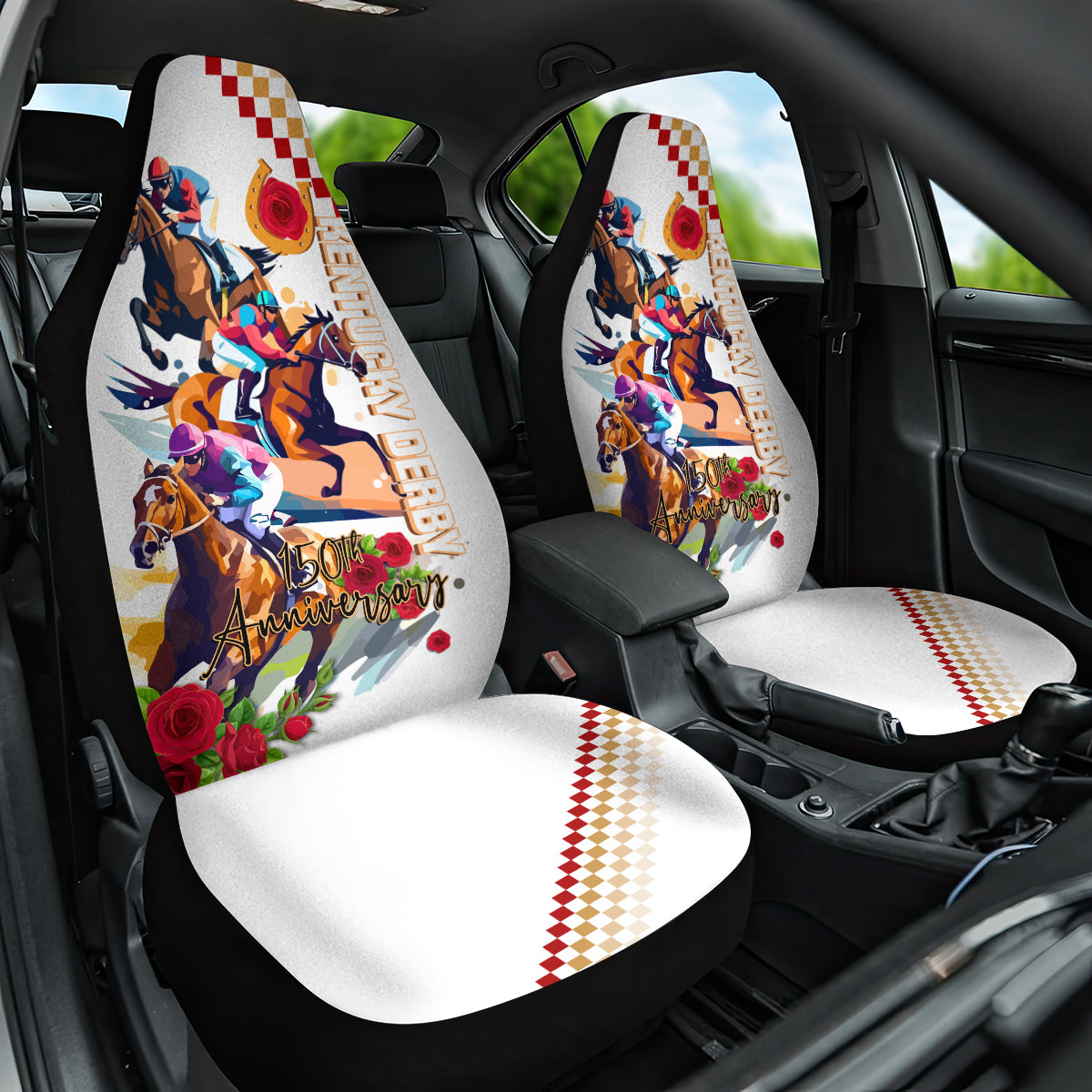 Kentucky Horse Racing Car Seat Cover 2024 Happy 150th Anniversary With Roses