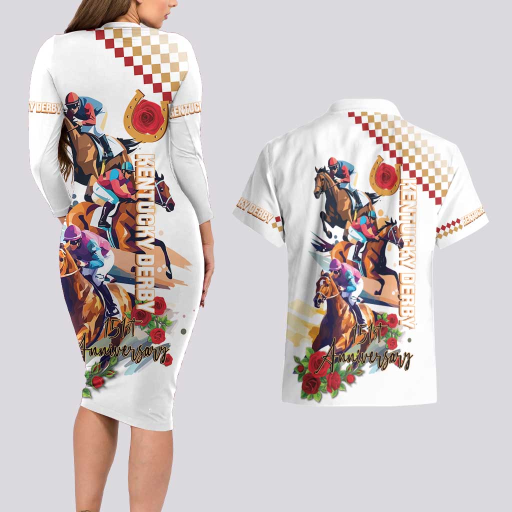 Kentucky Horse Racing Couples Matching Long Sleeve Bodycon Dress and Hawaiian Shirt 2025 Happy 151st Anniversary With Roses LT14