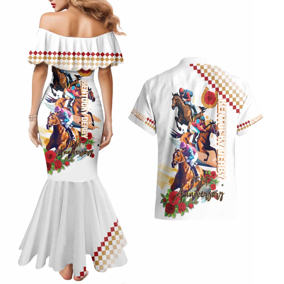 Kentucky Horse Racing Couples Matching Mermaid Dress and Hawaiian Shirt 2025 Happy 151st Anniversary With Roses LT14