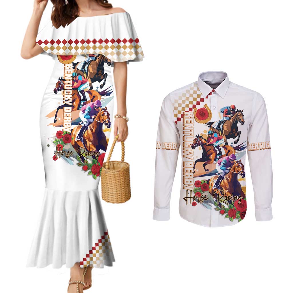 Kentucky Horse Racing Couples Matching Mermaid Dress and Long Sleeve Button Shirt 2025 Happy 151st Anniversary With Roses LT14