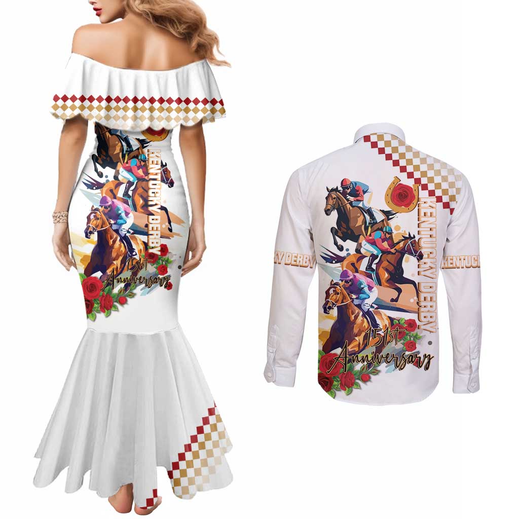 Kentucky Horse Racing Couples Matching Mermaid Dress and Long Sleeve Button Shirt 2025 Happy 151st Anniversary With Roses LT14