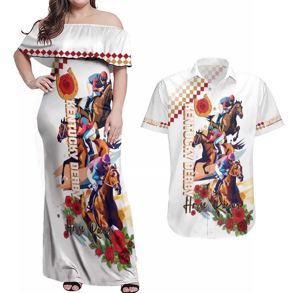 Kentucky Horse Racing Couples Matching Off Shoulder Maxi Dress and Hawaiian Shirt 2025 Happy 151st Anniversary With Roses LT14
