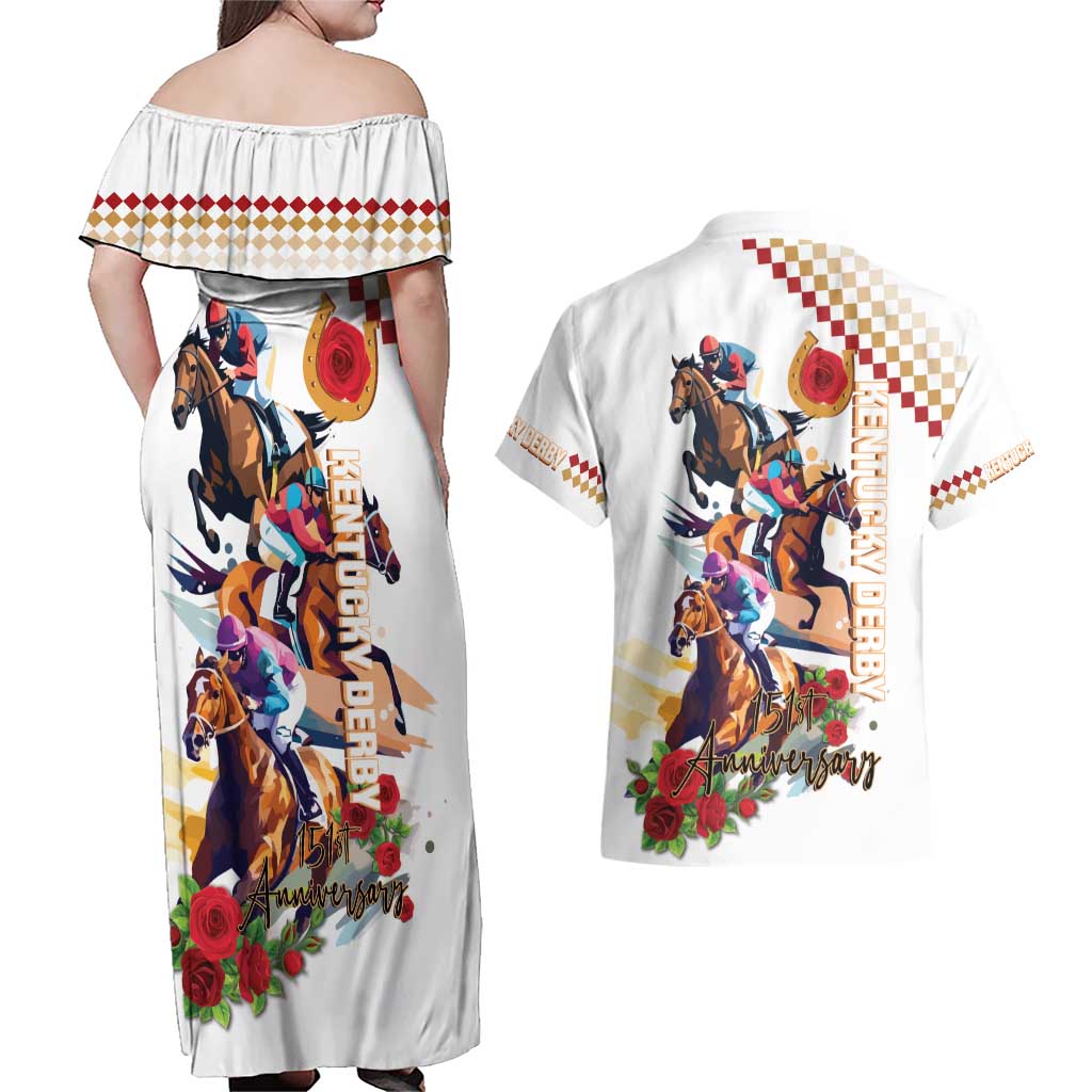 Kentucky Horse Racing Couples Matching Off Shoulder Maxi Dress and Hawaiian Shirt 2025 Happy 151st Anniversary With Roses LT14