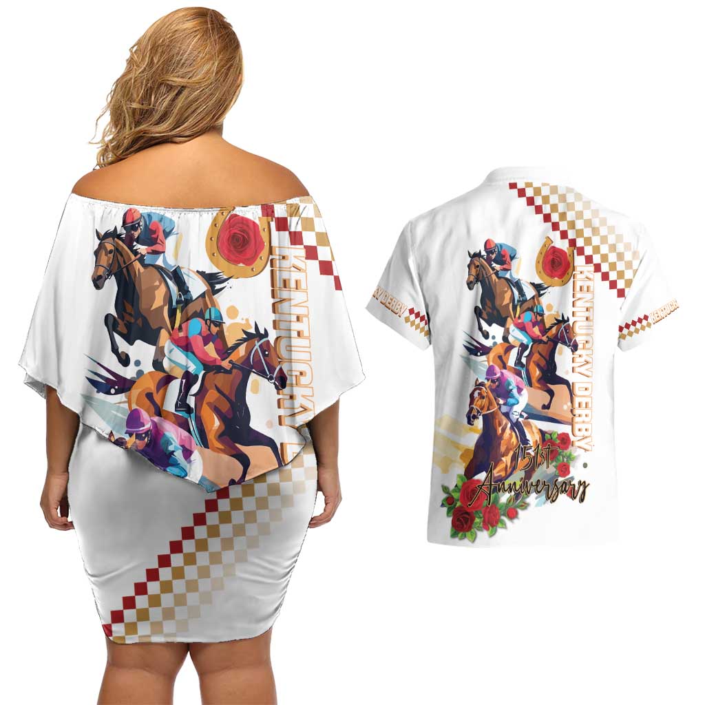 Kentucky Horse Racing Couples Matching Off Shoulder Short Dress and Hawaiian Shirt 2025 Happy 151st Anniversary With Roses LT14