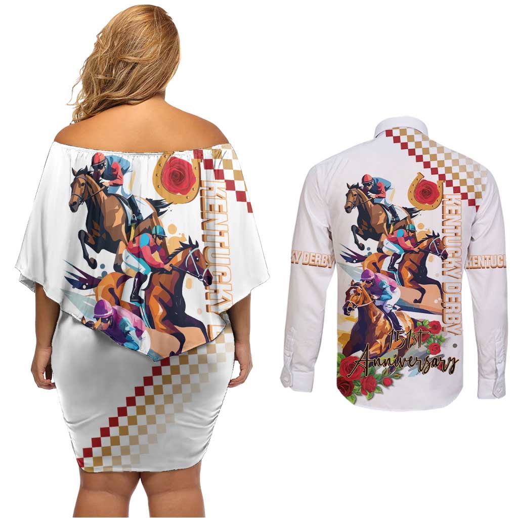 Kentucky Horse Racing Couples Matching Off Shoulder Short Dress and Long Sleeve Button Shirt 2025 Happy 151st Anniversary With Roses LT14