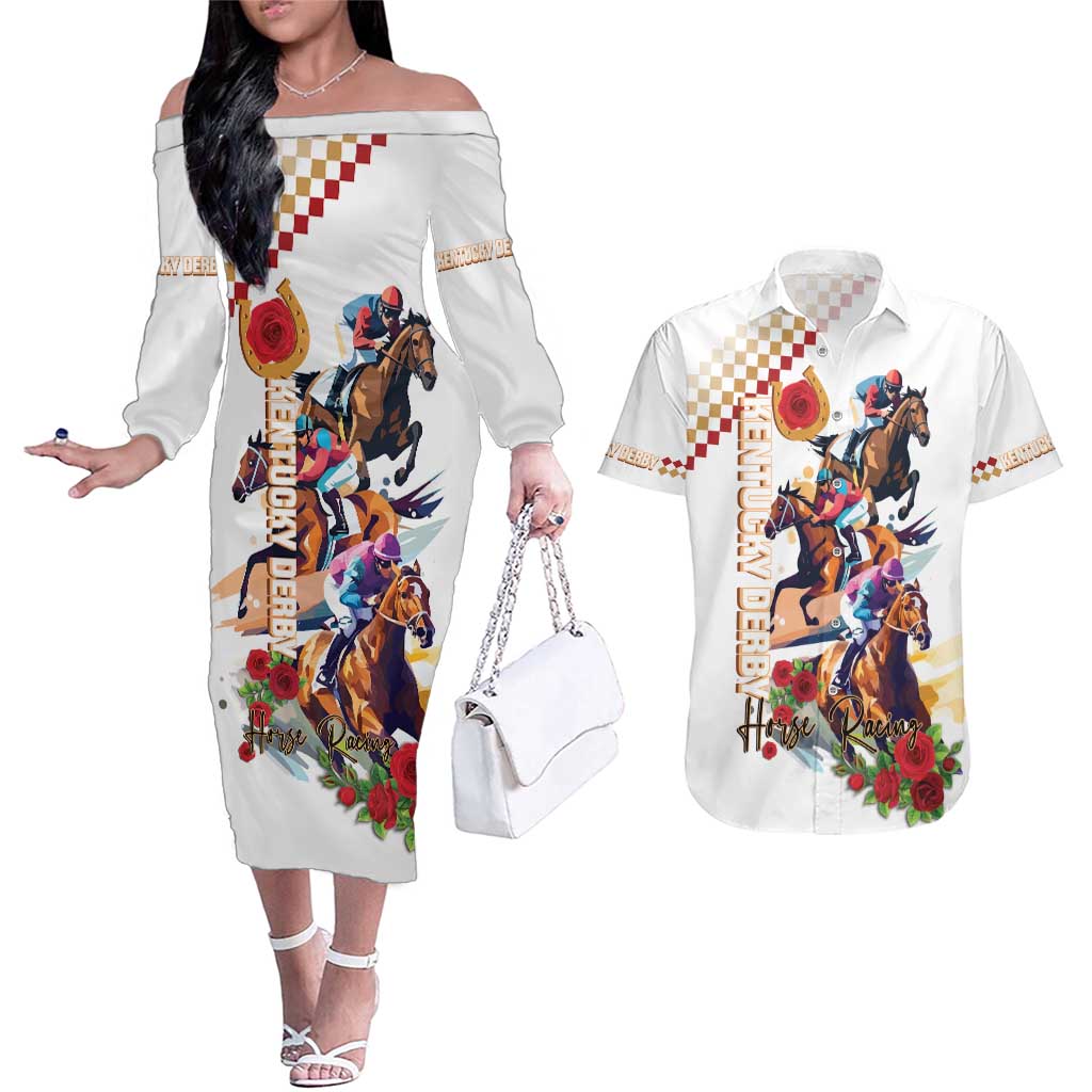 Kentucky Horse Racing Couples Matching Off The Shoulder Long Sleeve Dress and Hawaiian Shirt 2025 Happy 151st Anniversary With Roses LT14