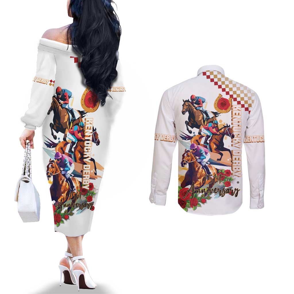 Kentucky Horse Racing Couples Matching Off The Shoulder Long Sleeve Dress and Long Sleeve Button Shirt 2025 Happy 151st Anniversary With Roses LT14