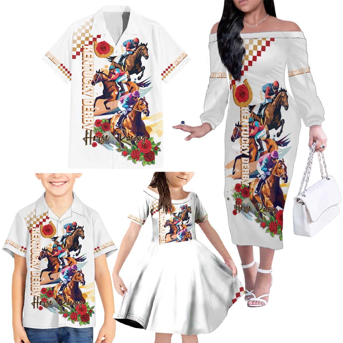 Kentucky Horse Racing Family Matching Off Shoulder Long Sleeve Dress and Hawaiian Shirt 2025 Happy 151st Anniversary With Roses LT14