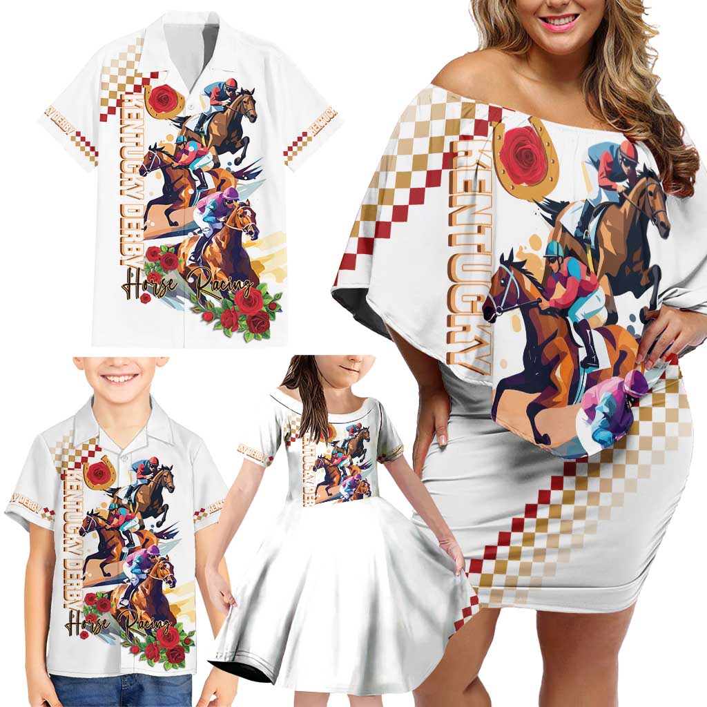 Kentucky Horse Racing Family Matching Off Shoulder Short Dress and Hawaiian Shirt 2025 Happy 151st Anniversary With Roses LT14