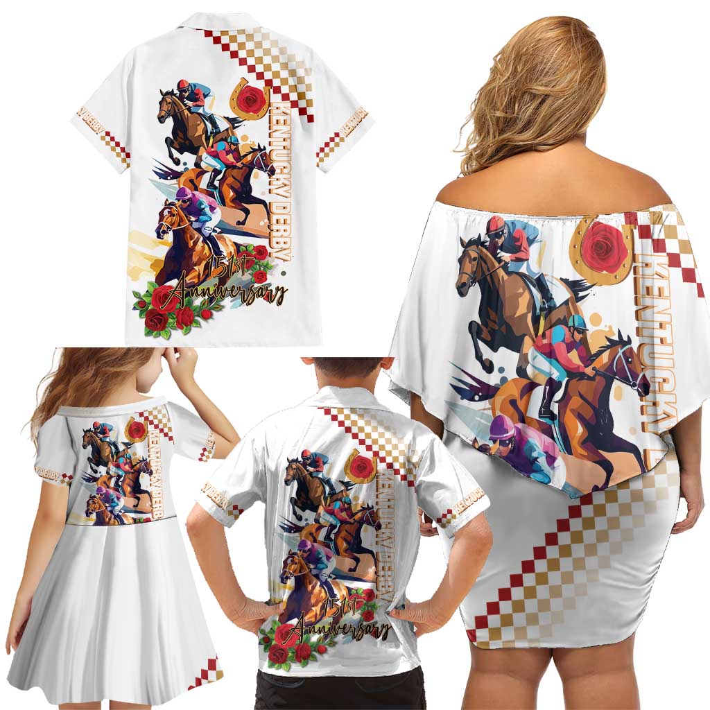 Kentucky Horse Racing Family Matching Off Shoulder Short Dress and Hawaiian Shirt 2025 Happy 151st Anniversary With Roses LT14