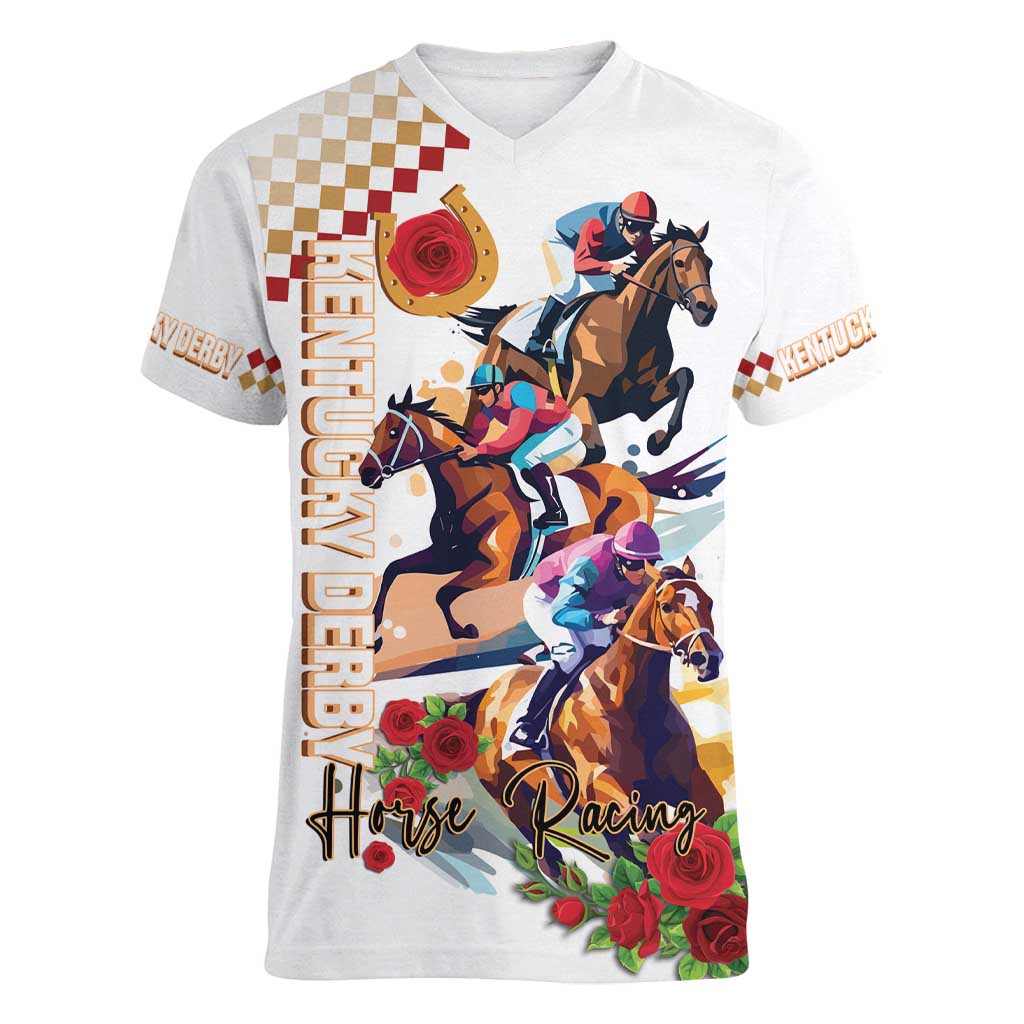 Kentucky Horse Racing Women V Neck T Shirt 2025 Happy 151st Anniversary With Roses LT14