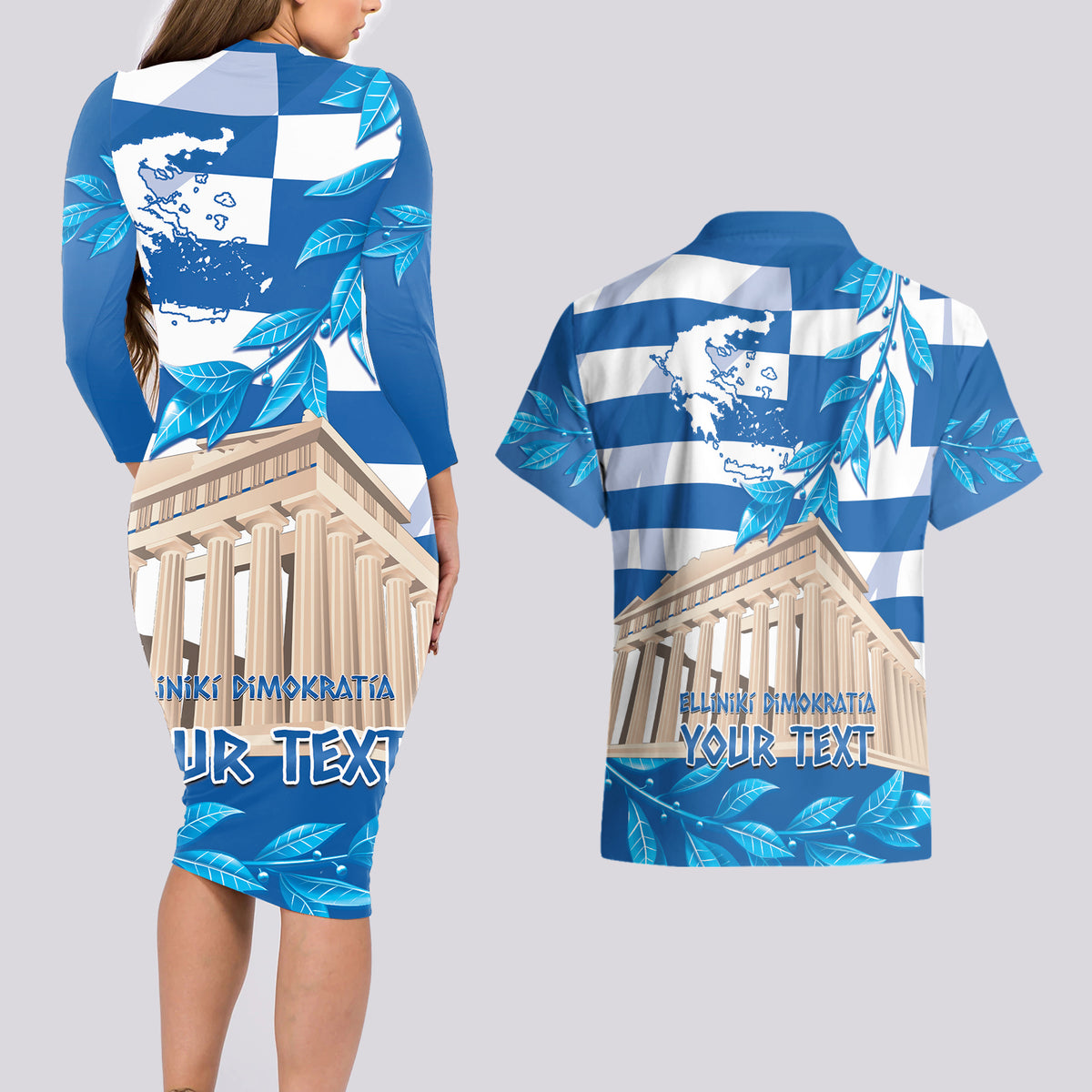 Personalised Greece Independence Day Couples Matching Long Sleeve Bodycon Dress and Hawaiian Shirt Acropolis Mix Laurel Branch - Wonder Print Shop