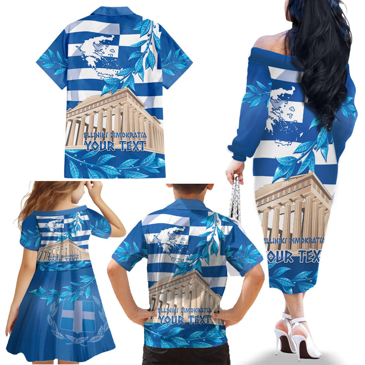 Personalised Greece Independence Day Family Matching Off Shoulder Long Sleeve Dress and Hawaiian Shirt Acropolis Mix Laurel Branch - Wonder Print Shop