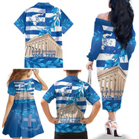 Personalised Greece Independence Day Family Matching Off Shoulder Long Sleeve Dress and Hawaiian Shirt Acropolis Mix Laurel Branch - Wonder Print Shop