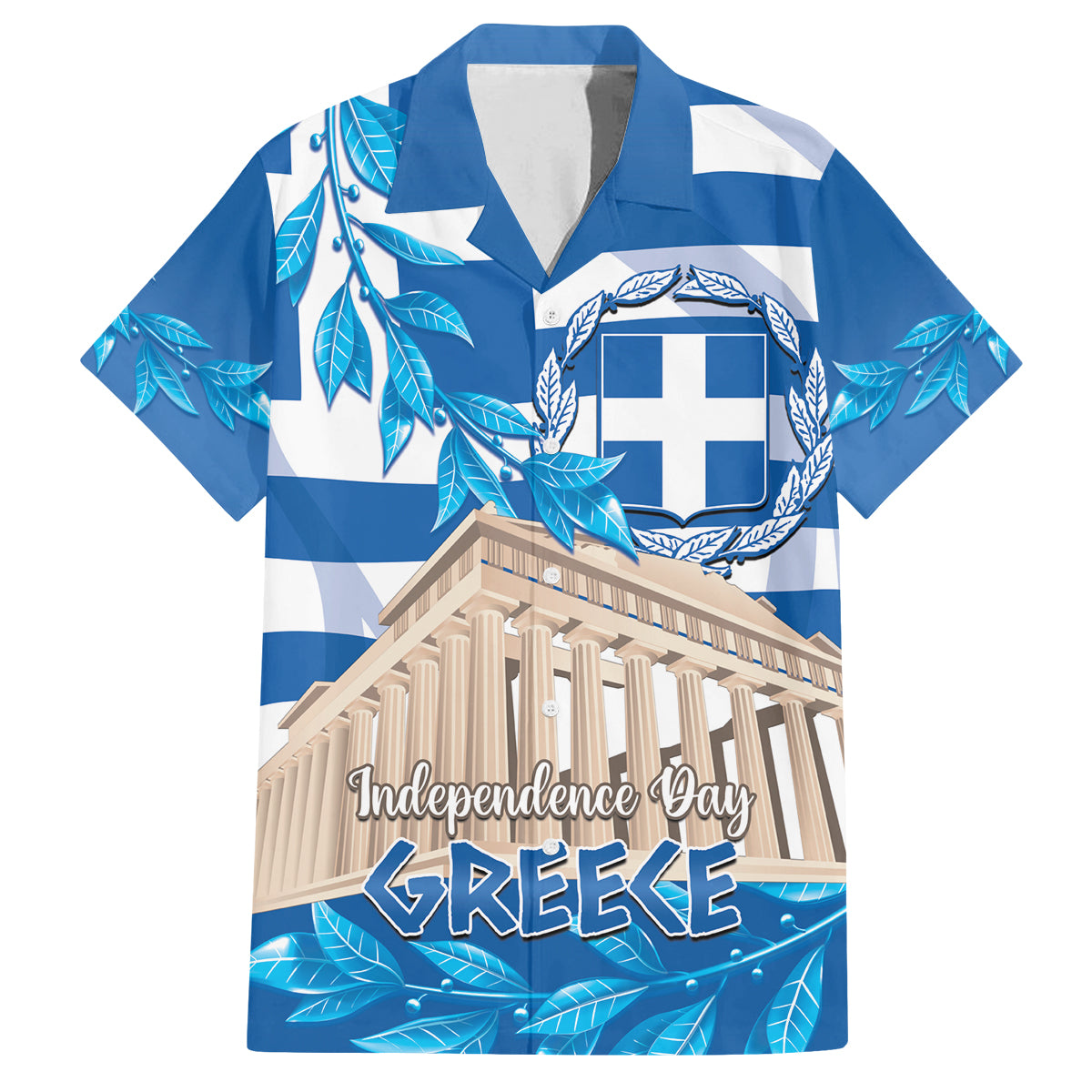 Personalised Greece Independence Day Family Matching Off Shoulder Maxi Dress and Hawaiian Shirt Acropolis Mix Laurel Branch - Wonder Print Shop