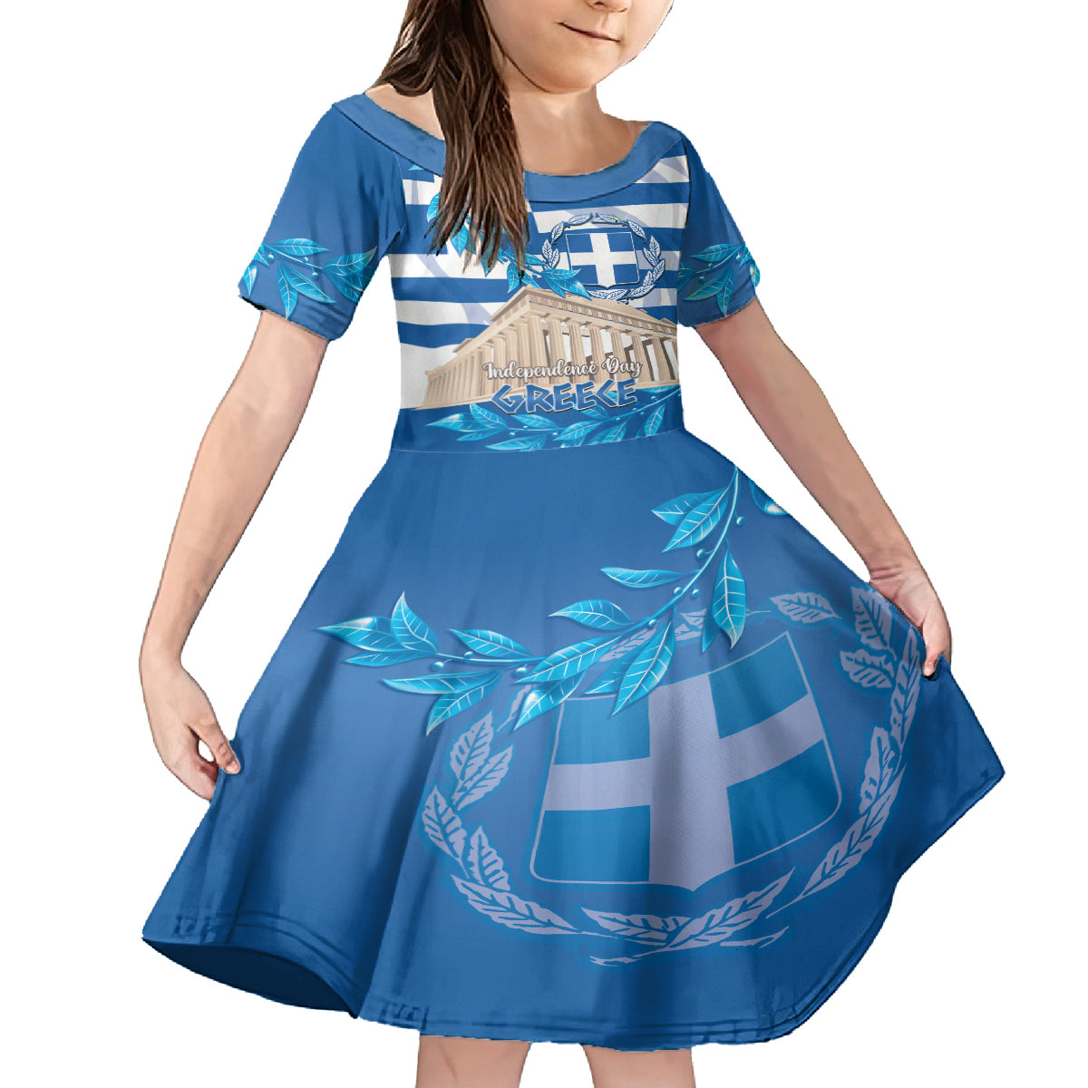 Personalised Greece Independence Day Family Matching Off Shoulder Short Dress and Hawaiian Shirt Acropolis Mix Laurel Branch - Wonder Print Shop