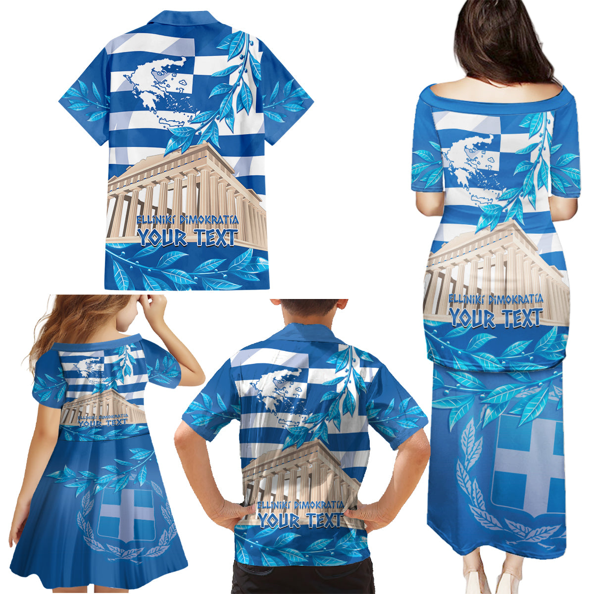 Personalised Greece Independence Day Family Matching Puletasi and Hawaiian Shirt Acropolis Mix Laurel Branch - Wonder Print Shop