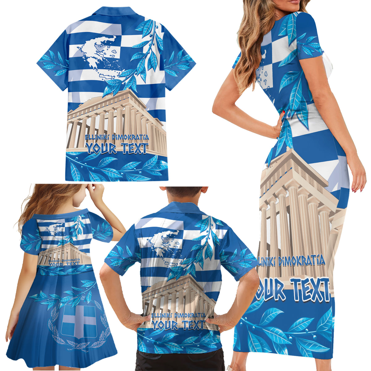 Personalised Greece Independence Day Family Matching Short Sleeve Bodycon Dress and Hawaiian Shirt Acropolis Mix Laurel Branch - Wonder Print Shop
