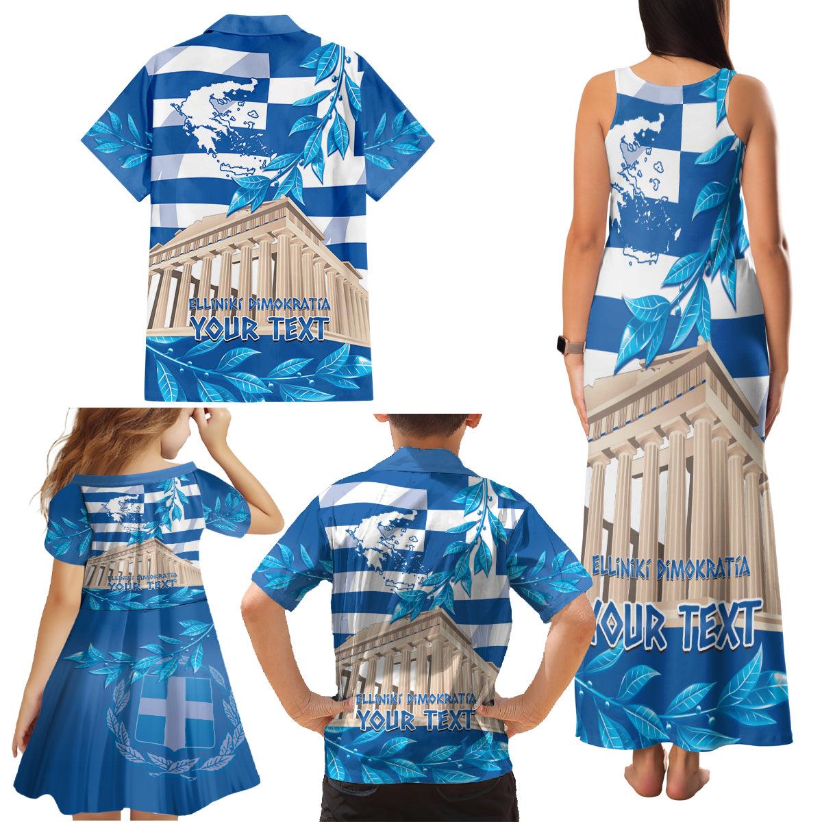 Personalised Greece Independence Day Family Matching Tank Maxi Dress and Hawaiian Shirt Acropolis Mix Laurel Branch - Wonder Print Shop