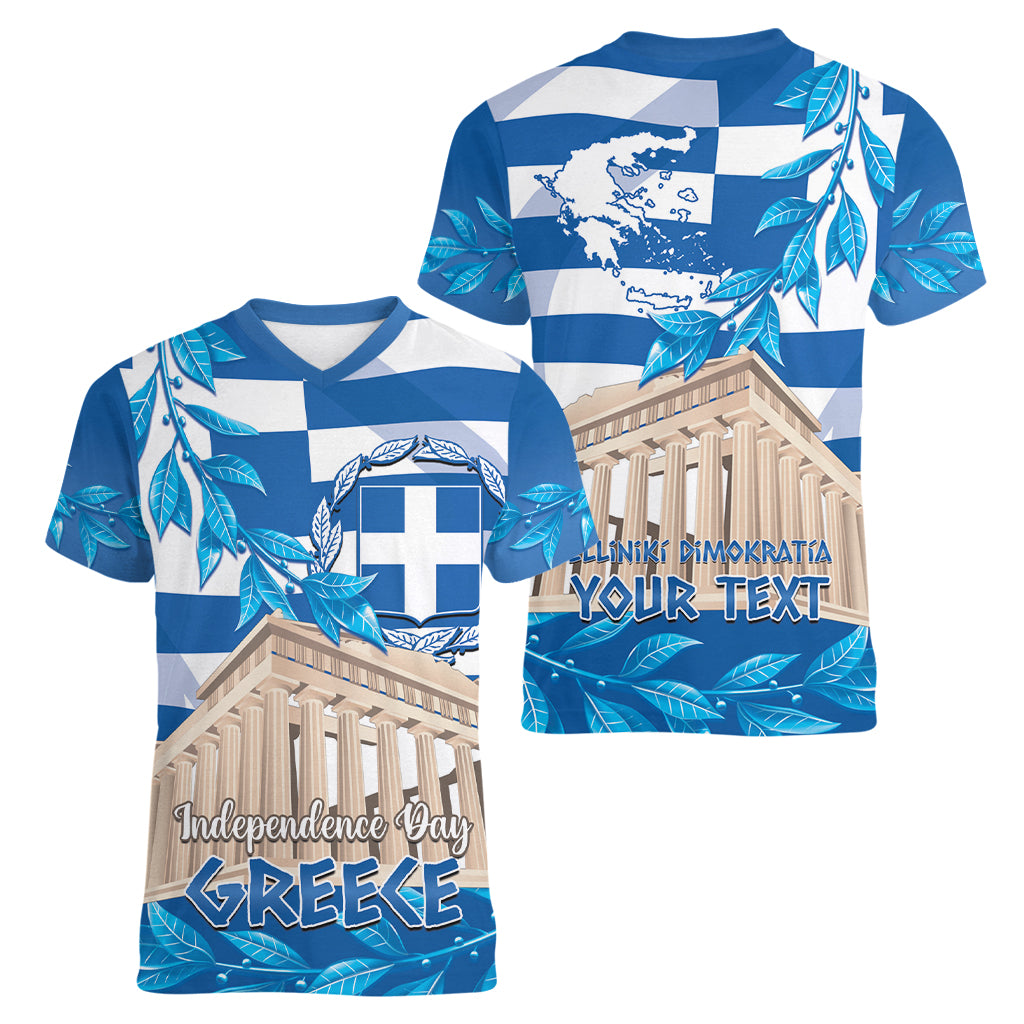 Personalised Greece Independence Day Women V Neck T Shirt Acropolis Mix Laurel Branch - Wonder Print Shop