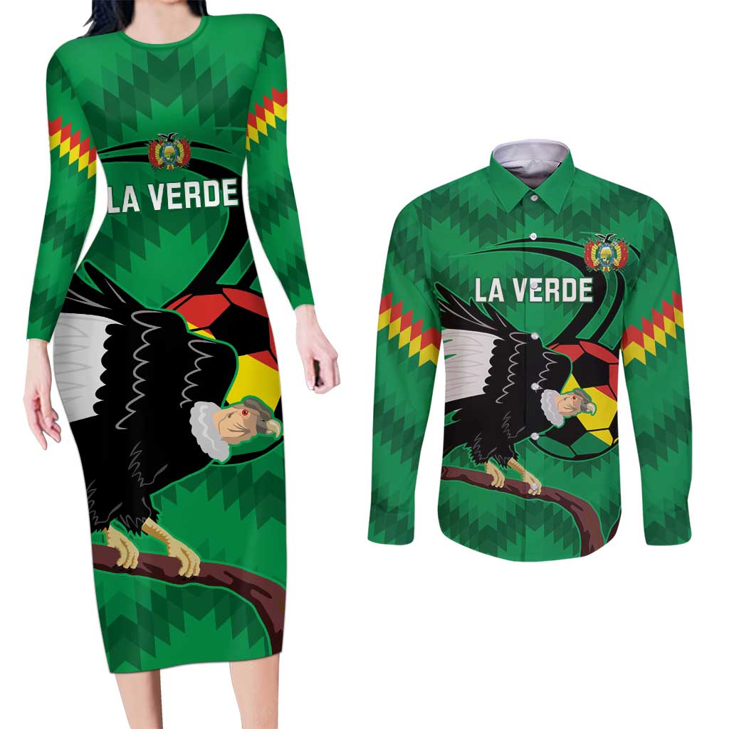 Custom Bolivia Football Couples Matching Long Sleeve Bodycon Dress and Long Sleeve Button Shirt Andean Condor Vamo La Verde