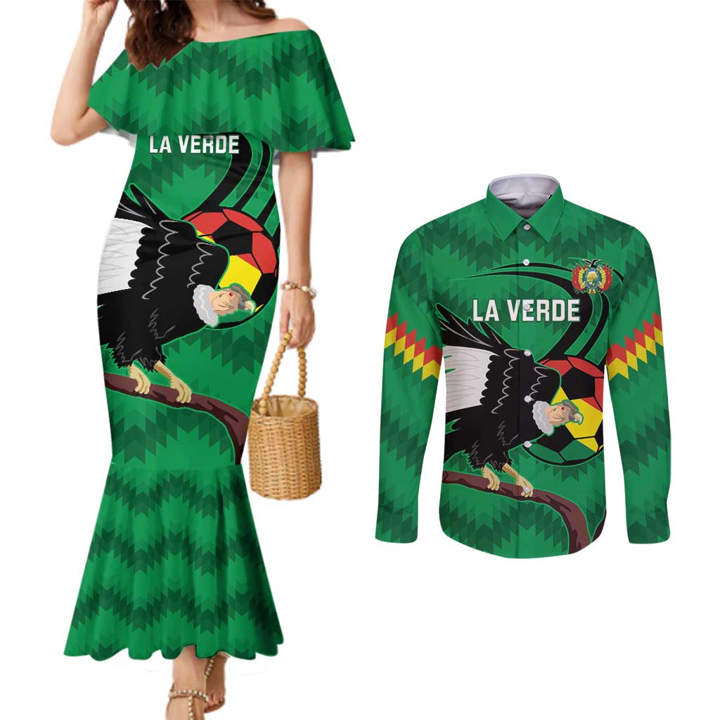 Custom Bolivia Football Couples Matching Mermaid Dress and Long Sleeve Button Shirt Andean Condor Vamo La Verde