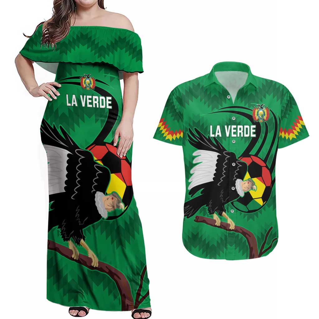 Custom Bolivia Football Couples Matching Off Shoulder Maxi Dress and Hawaiian Shirt Andean Condor Vamo La Verde