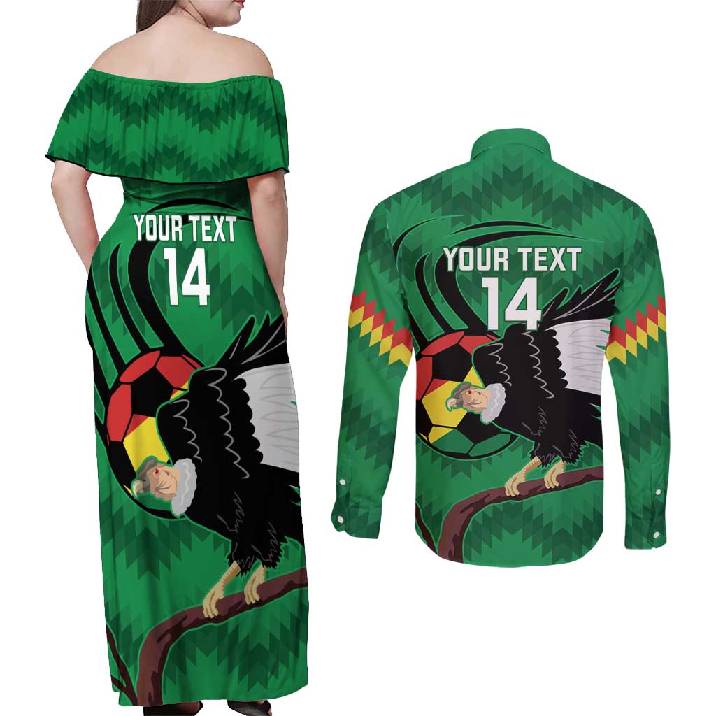 Custom Bolivia Football Couples Matching Off Shoulder Maxi Dress and Long Sleeve Button Shirt Andean Condor Vamo La Verde