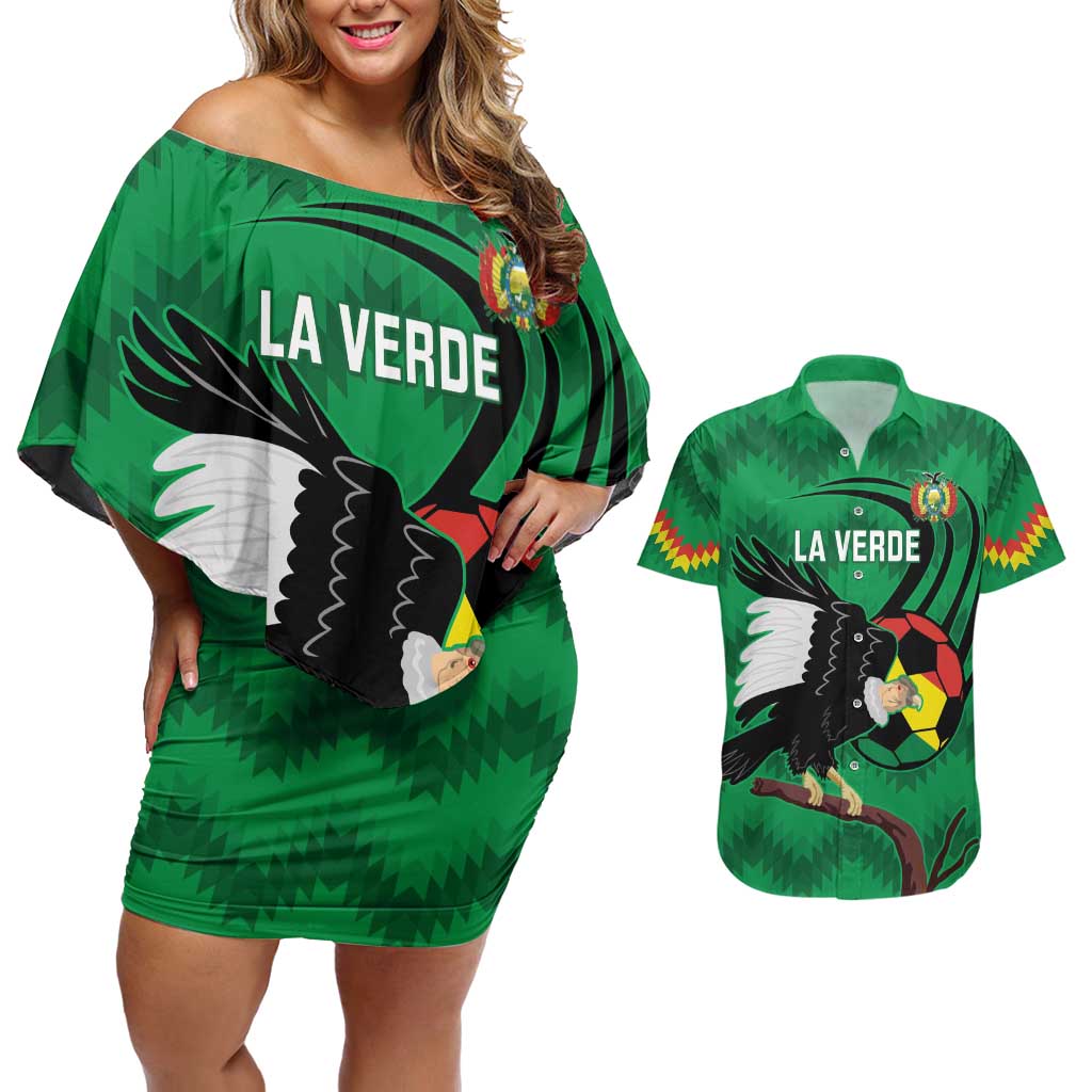 Custom Bolivia Football Couples Matching Off Shoulder Short Dress and Hawaiian Shirt Andean Condor Vamo La Verde