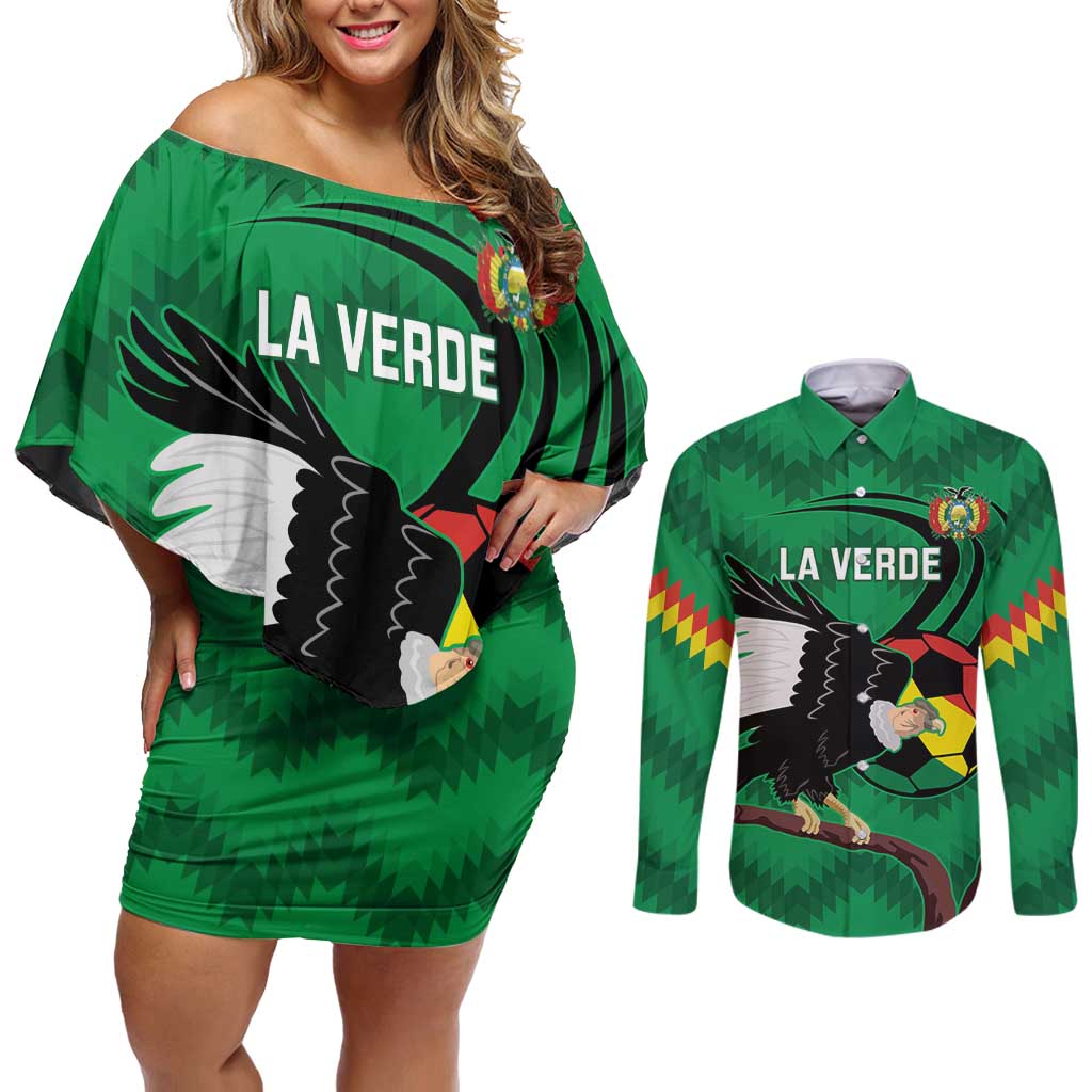 Custom Bolivia Football Couples Matching Off Shoulder Short Dress and Long Sleeve Button Shirt Andean Condor Vamo La Verde