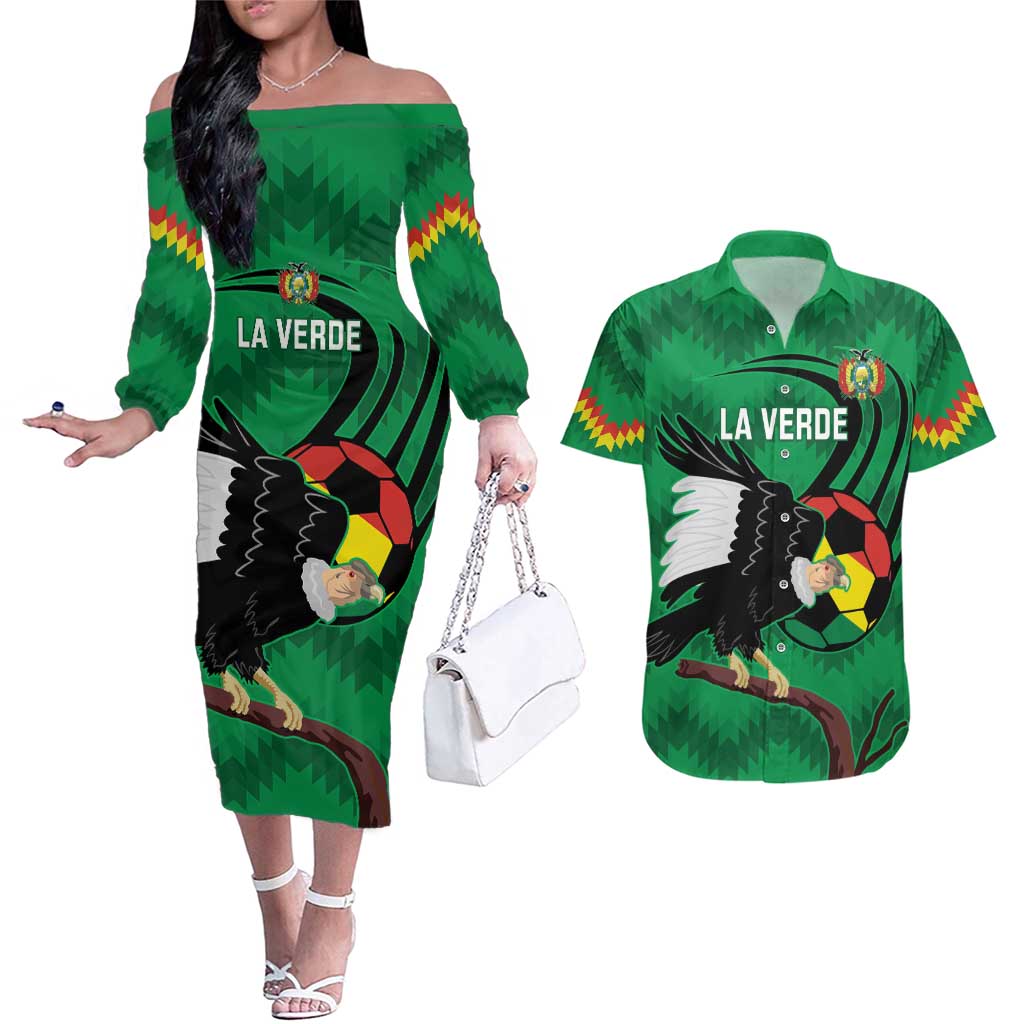 Custom Bolivia Football Couples Matching Off The Shoulder Long Sleeve Dress and Hawaiian Shirt Andean Condor Vamo La Verde