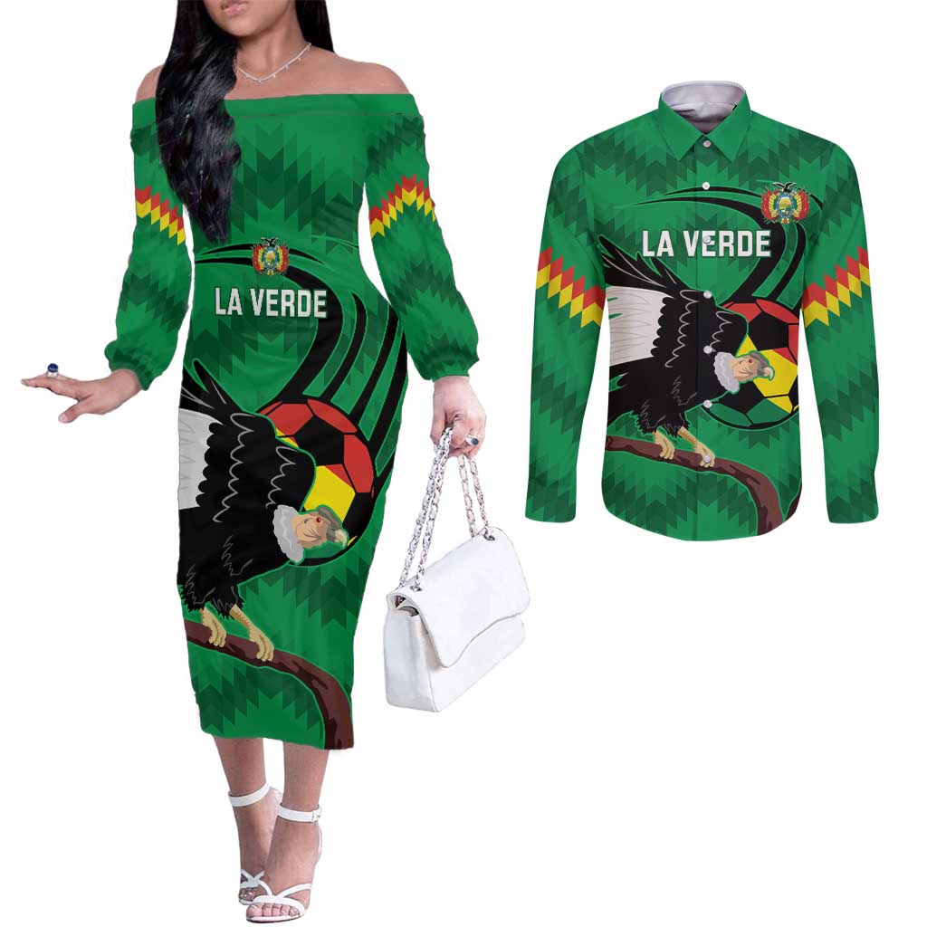 Custom Bolivia Football Couples Matching Off The Shoulder Long Sleeve Dress and Long Sleeve Button Shirt Andean Condor Vamo La Verde