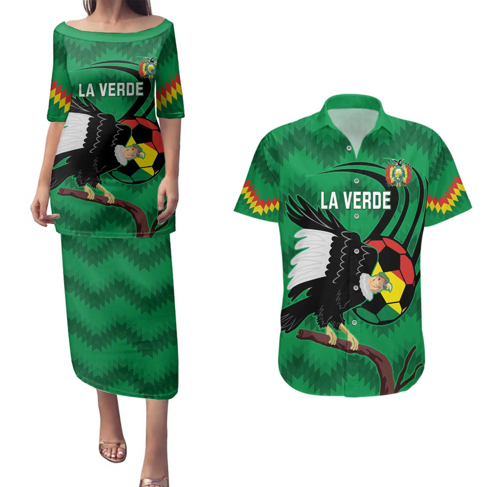 Custom Bolivia Football Couples Matching Puletasi and Hawaiian Shirt Andean Condor Vamo La Verde