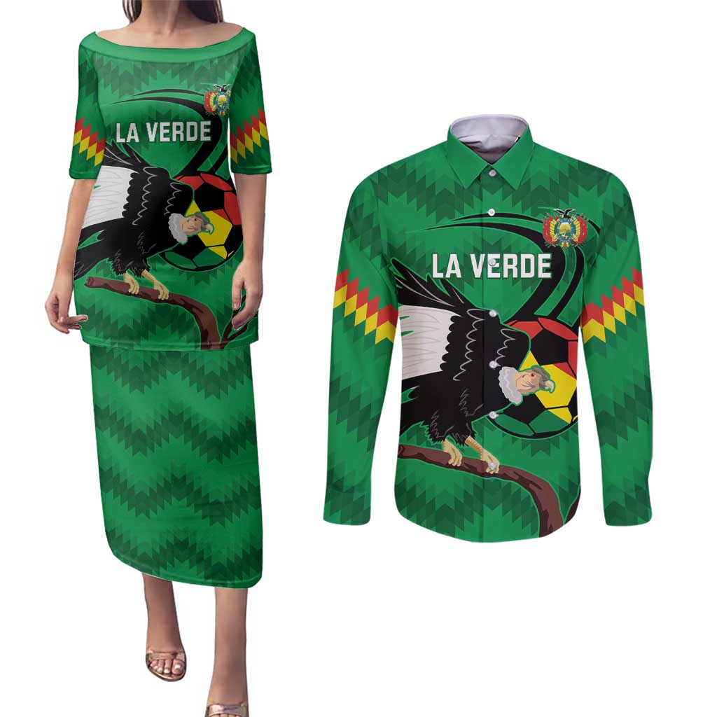 Custom Bolivia Football Couples Matching Puletasi and Long Sleeve Button Shirt Andean Condor Vamo La Verde