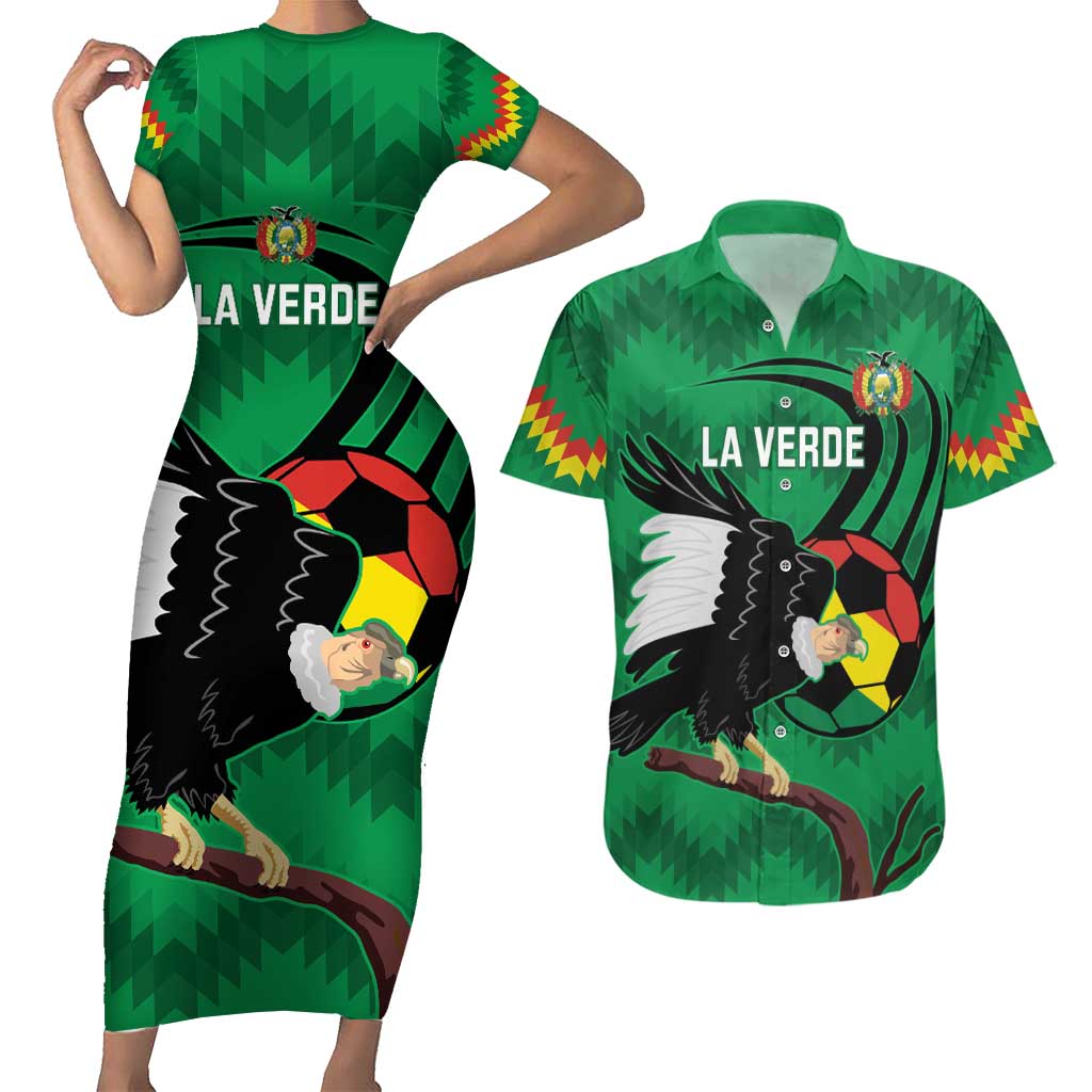Custom Bolivia Football Couples Matching Short Sleeve Bodycon Dress and Hawaiian Shirt Andean Condor Vamo La Verde