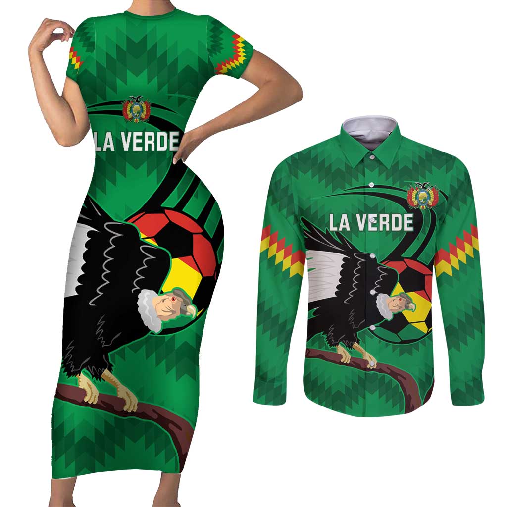 Custom Bolivia Football Couples Matching Short Sleeve Bodycon Dress and Long Sleeve Button Shirt Andean Condor Vamo La Verde