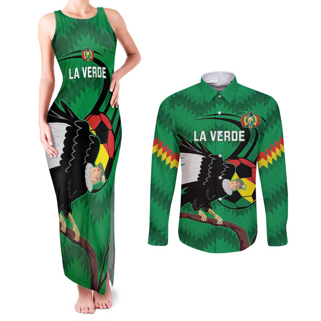 Custom Bolivia Football Couples Matching Tank Maxi Dress and Long Sleeve Button Shirt Andean Condor Vamo La Verde