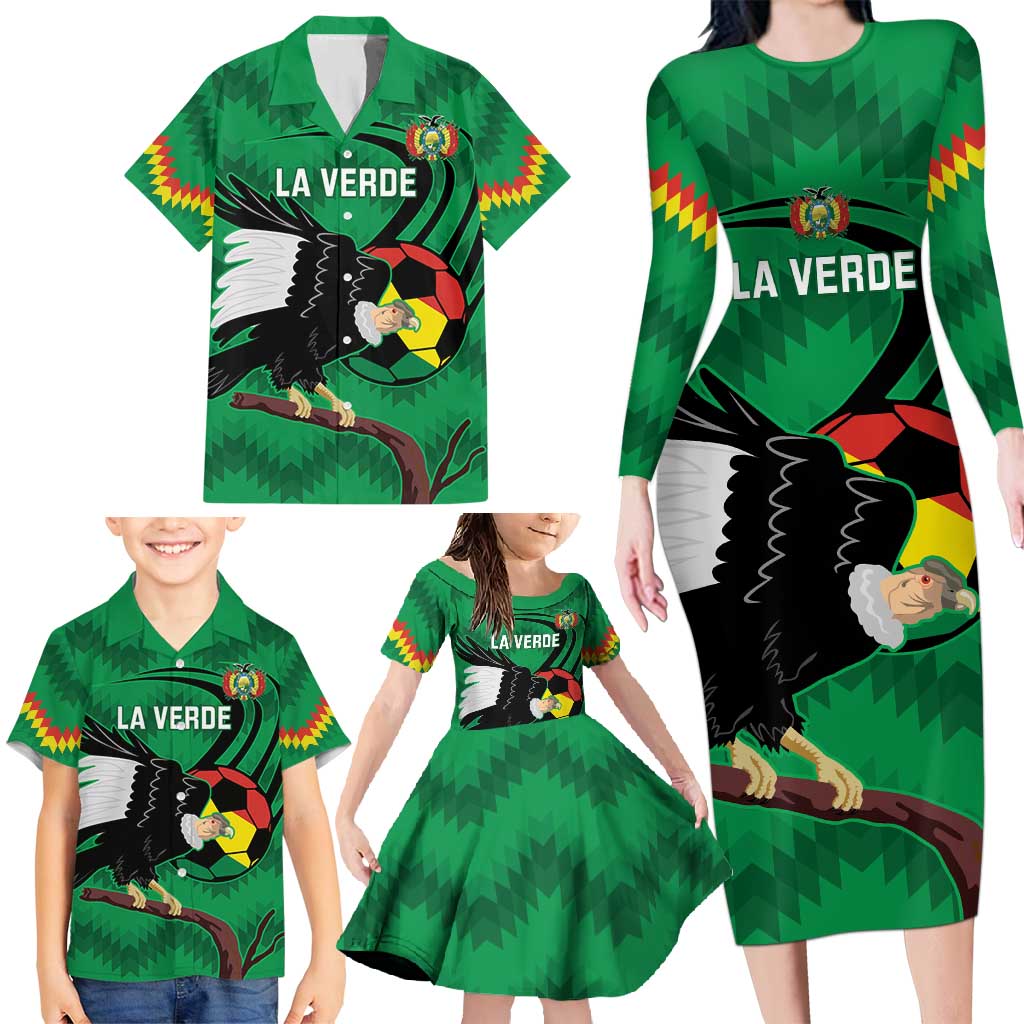 Custom Bolivia Football Family Matching Long Sleeve Bodycon Dress and Hawaiian Shirt Andean Condor Vamo La Verde